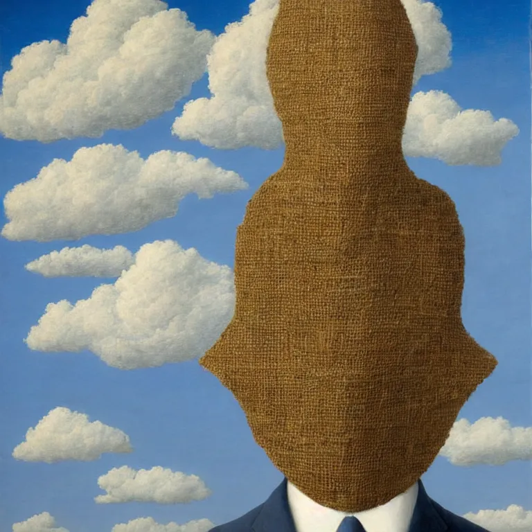 Image similar to portrait of a faceless burlap sack - head man in a suit, clouds in the background, by rene magritte, detailed painting, distance, centered, hd, hq, high resolution, high detail, 4 k, 8 k