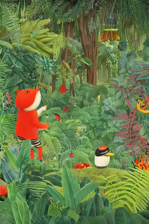 Image similar to rare bird in the jungle, highly detailed, unreal engine render concept art, style of henri rousseau and richard scarry and hiroshi yoshida