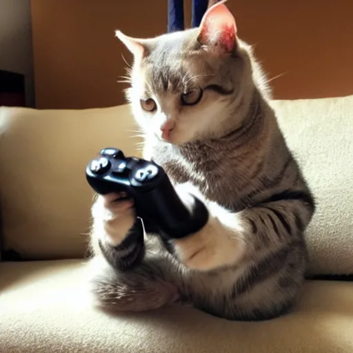 Image similar to a cute cat playing video games while sitting on a couch