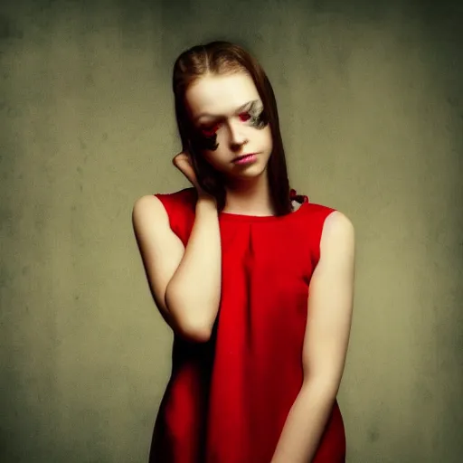 Image similar to a photo of a young woman. moody and melanchonic. red, yellow