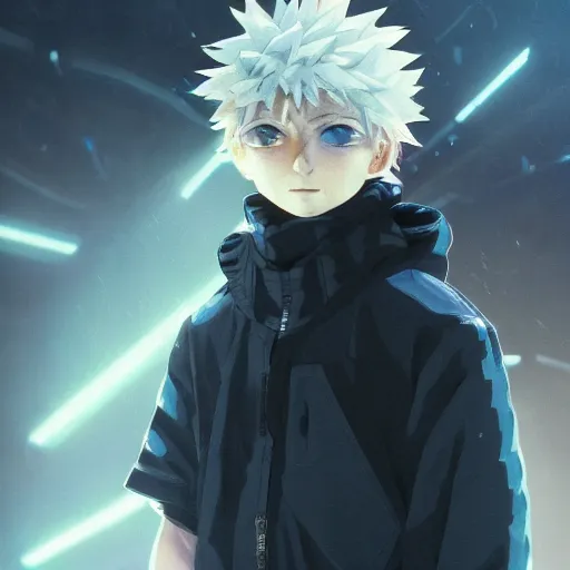 Prompt: killua zoldyck, edgy streetwear, techwear, cyberpunk style outfit, scifi, blue side lighting, detailed portrait, intricate complexity, by greg rutkowski, ross tran, conrad roset, takato yomamoto, ilya kuvshinov. 4 k, beautiful, aesthetic octane render, cinematic dramatic atmosphere