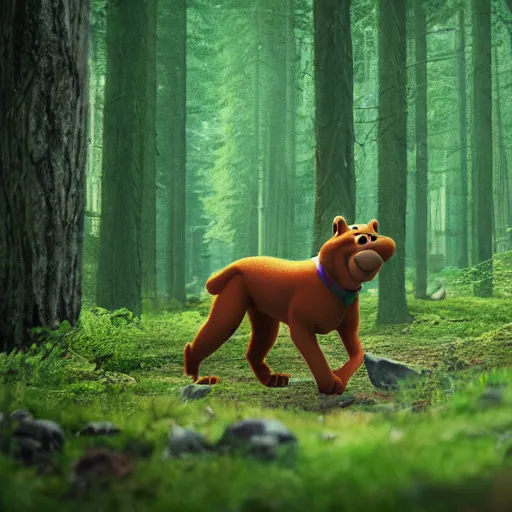 Image similar to realistic photograph of scooby doo walking in the forest, national geographic, 8 k, cinematic, nature