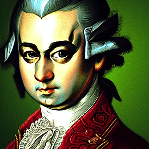 Prompt: Mozart with bloodshot eyes holding a joint digital art