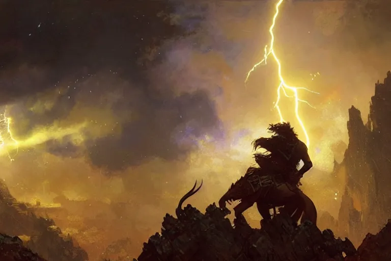 Prompt: a sorcerer shooting lightnings against a lion, portrait dnd, painting by gaston bussiere, craig mullins, greg rutkowski, yoji shinkawa