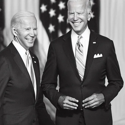 Image similar to A portrait photo of joe biden teams up with a teenage joe biden, perfect faces, 50 mm, award winning photography