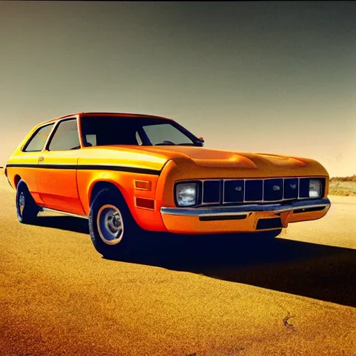 Image similar to 1 9 7 3 ford pinto stationwagon, orange - yellow color, wide - angle lens, dramatic lighting, cool marketing photo