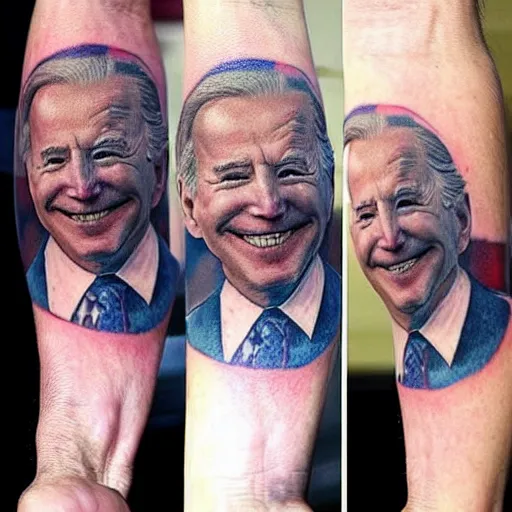 Image similar to tattoo of Joe Biden printed on a man’s arm