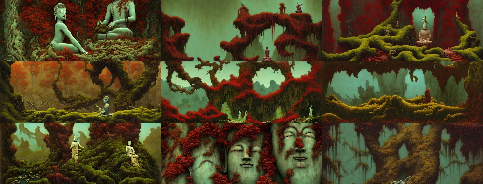 Prompt: a gorgeous bleak autumn painting by barlowe wayne, maxfield parrish, gustave dore and marco mazzoni. close - up shot on a lonely huge chinese buddha statue, broken, moss, stone gate to the dark cave, vines. tiffany blue, maroon, blackish green. the winding stone steps. ultra clear detailed. 3 d, octane render. turbulent blood lake.