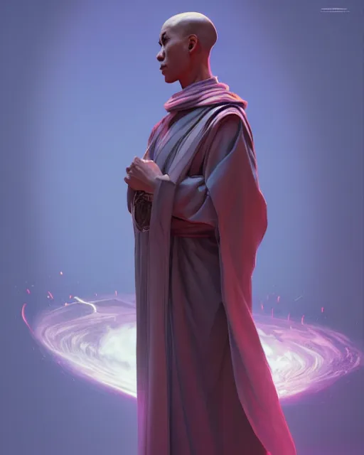 Image similar to a robot monk wearing a flowing cloak, vaporwave aesthetic, 3 d render, octane, zbrush, painting, artstation, concept art, smooth, sharp focus, illustration, art by artgerm and greg rutkowski and alphonse mucha