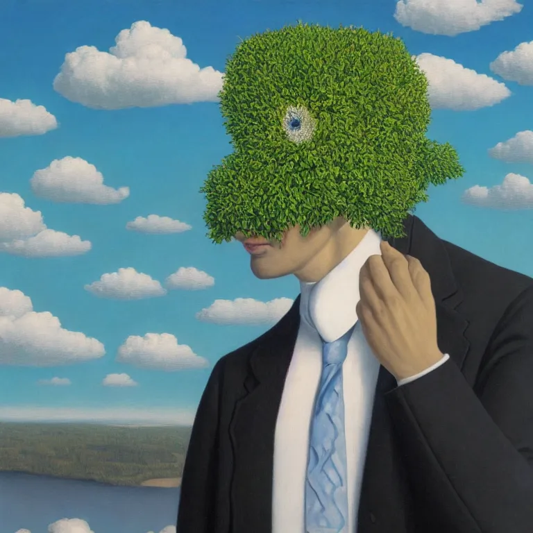 Prompt: portrait of a faceless beautiful flower - head man in a suit, clouds in the background, by rene magritte, detailed painting, distance, middle centered, hd, hq, high resolution, high detail, 4 k, 8 k