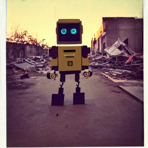Prompt: old polaroid of a evil robot walking on a destroyed city, 8 k, uhd, golden hour, 8 0 0 mm
