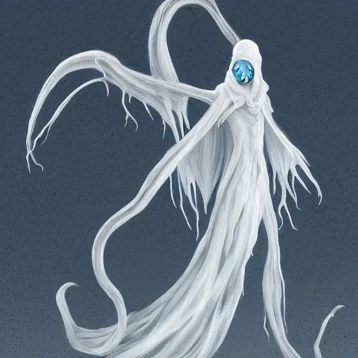 Image similar to concept designs for an ethereal ghostly wraith like figure with a squid like parasite latched onto its head and long tentacle arms that flow lazily but gracefully at its sides like a cloak while it floats around a frozen rocky tundra in the snow searching for lost souls and that hides amongst the shadows in the trees, this character has hydrokinesis and electrokinesis for the resident evil village video game franchise with inspiration from the franchise Bloodborne and the mind flayer from stranger things on netflix