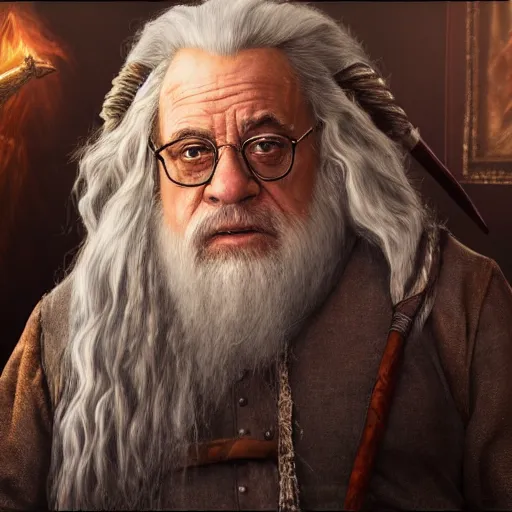 Prompt: Movie still of Danny Devito as Gandalf, fantasy, highly detailed, digital painting, artstation, concept art, sharp focus, illustration, art by Tony Sart and artgerm and randy vargas