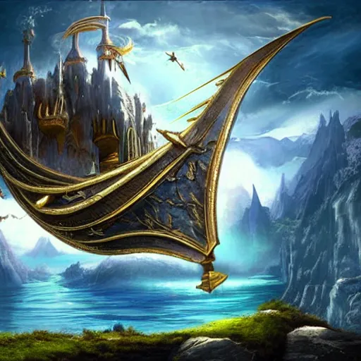 Image similar to fantasy crystal magic skyship flying over dramatic landscape, highly detailed, beautiful