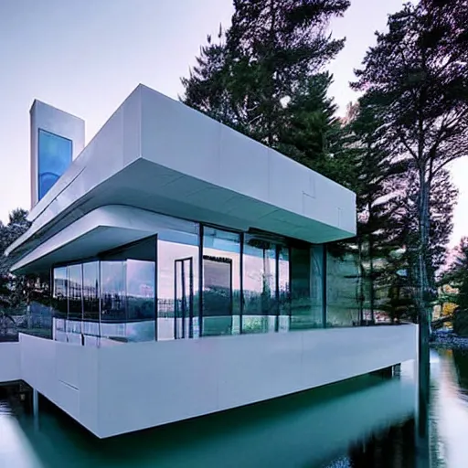 Prompt: futuristic lakeside mansion, incredible architecture