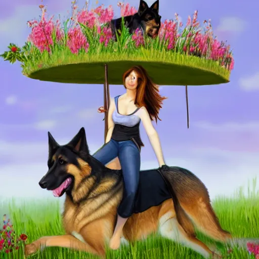 Image similar to girl riding a giant German shepherd in a field of flowers, trending on artstation