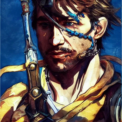 Image similar to portrait of a hero holding his sword in front of his face by yoji shinkawa, high quality, extra details, realism, ornate, colored, golden chain, blood, white skin, short hair, brown eyes, vivid, sunlight, dynamic, american man, freedom, white american soldier, painting