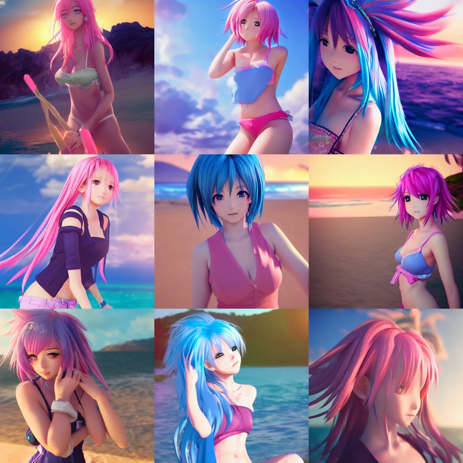 Prompt: Anime Girls Having Fun in Breeze, blue hair and pink hair anime girls, golden hour, beach, Realistic render, unreal engine 5, love, hyperrealistic,