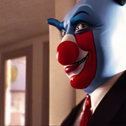 Image similar to blurry film still of a man wearing a suit and a latex mask of a clown from the dark knight's bank robbery scene