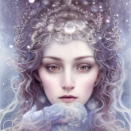 Image similar to Beautiful Delicate Detailed full head portrait of the queen of winter, With Magical grey eyes by Tom Bagshaw, Bastien Lecouffe Deharme, Erik Johansson, Amanda Sage, Alex Grey, Alphonse Mucha, Harry Clarke, Josephine Wall and Pino Daeni, Delicate winter frozen creature With long white windy Hair and Magical Sparkling Eyes, Magic Particles; Magic Swirls, in a oit of this world magical frozen landscape, 4K; 64 megapixels; 8K resolution concept art; detailed painting; digital illustration; hyperrealism; trending on Artstation; Unreal Engine Photorealistic, lifelike, Unreal Engine, sharp, sharpness, detailed, 8K