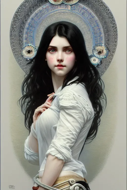 Image similar to ultra realistic, Beautiful black haired woman, Porcelain white complexion, big blue eyes, cute small lips., wearing jeans and white blouse, whip in hand, intricate details, eerie, highly detailed, octane render, 8k, art by artgerm and alphonse mucha and greg rutkowski