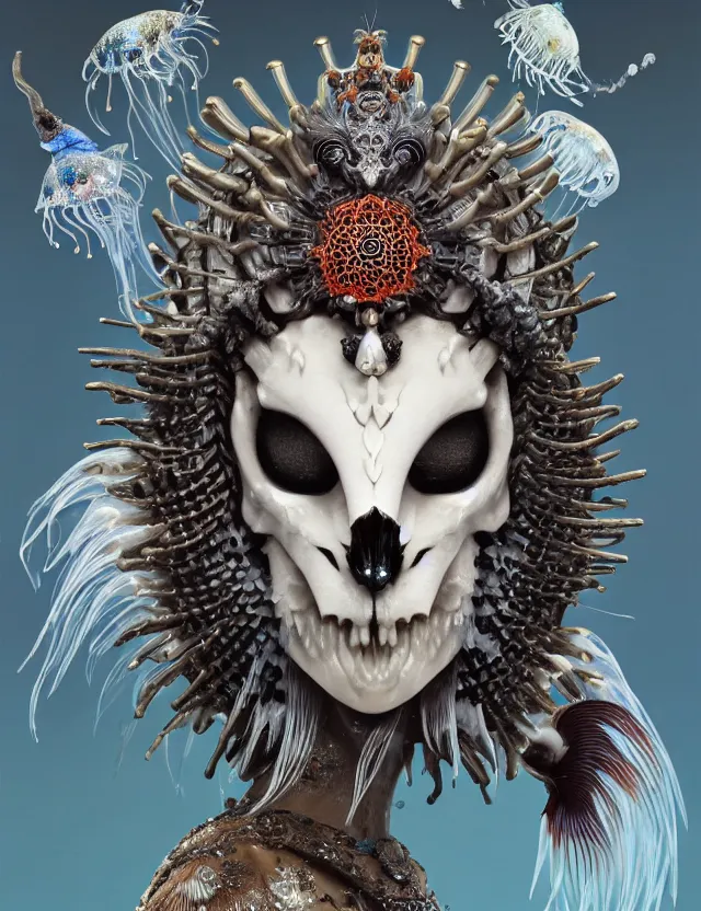 Image similar to goddess macro close - up portrait wigh crown made of ram skull. beautiful intricately detailed japanese crow kitsune mask and clasical japanese kimono. betta fish, jellyfish phoenix, bioluminiscent, plasma, ice, water, wind, creature, artwork by tooth wu and wlop and beeple and greg rutkowski