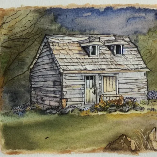 Image similar to a watercolor and ink painting of a cottage, drawn on white parchment paper, vibe, atmosphere, detailed, muted colors, by greg rutowski and james gurney