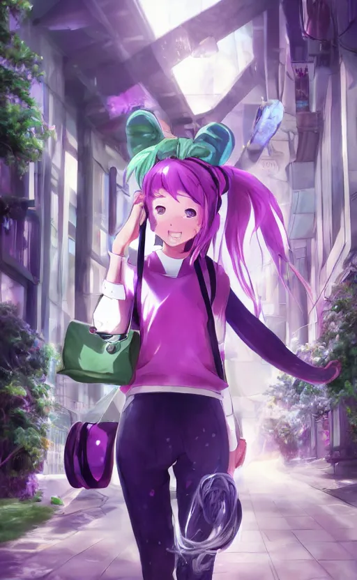 Image similar to anime girl with pink ponytail, wearing purple headphones, wearing a green sweater, with a smile on her face and her eyes closed, walking down a street, dynamic lighting, photorealistic fantasy concept art, trending on art station, very detailed, anime concept art, stunning visuals, creative, cinematic, ultra detailed