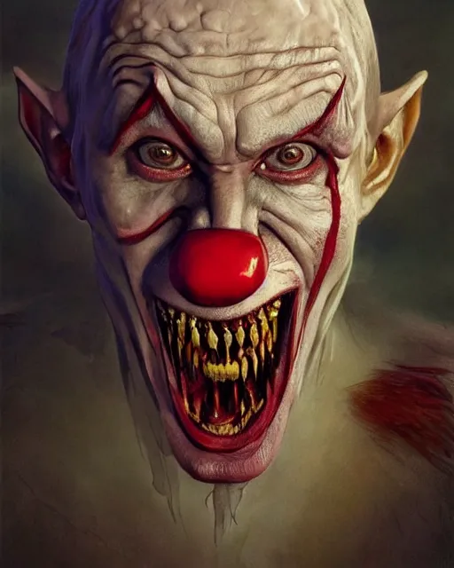 Image similar to photorealistic portrait photograph of vladimir putin as a pathetic goblinoid demon clown, kobold, upper body, fantasy, bloody, depth of field, soft focus, highly detailed, intricate, realistic, national geographic cover, soft glow, textured, artstation, sharp focus, illustration, art by artgerm and greg rutkowski and alphonse mucha