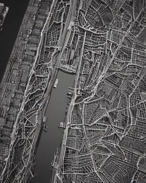 Prompt: new york city, made of intricate decorative lace leaf skeleton, shot from a drone, in the style of the dutch masters and gregory crewdson, dark and moody