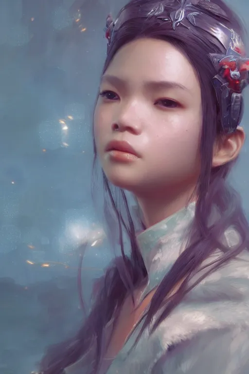 Image similar to portrait of a beautiful filipino - american woman, anime, ruan jia, wlop, sha xi, fantasy, hyper detailed, octane render, concept art, ornaments, artstation