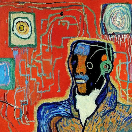 Image similar to artificial intelligence painting by van Gogh klimt Jean-Michel Basquiat