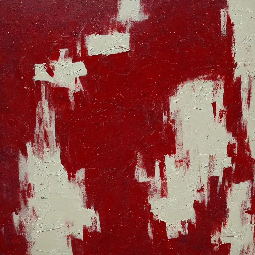 Image similar to thick creamy impasto, white thick heavy brush marks on a dark red background - i