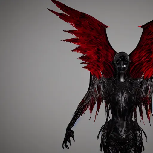 Image similar to dark shadow abstract humanoid with wings and red eyes high quality highly detailed photo realistic 8 k