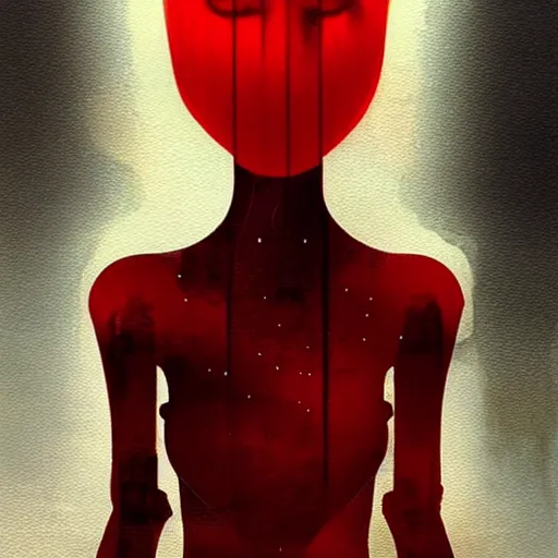 Prompt: dancing strings puppet surrounded by red curtains by Conrad Roset and Nicola Samuri, rule of thirds, seductive look, beautiful, intricate, dystopian, sci-fi, extremely detailed, digital painting, artstation, concept art, smooth, sharp focus, illustration, intimidating lighting, incredible art, details visible, very dark ambiance