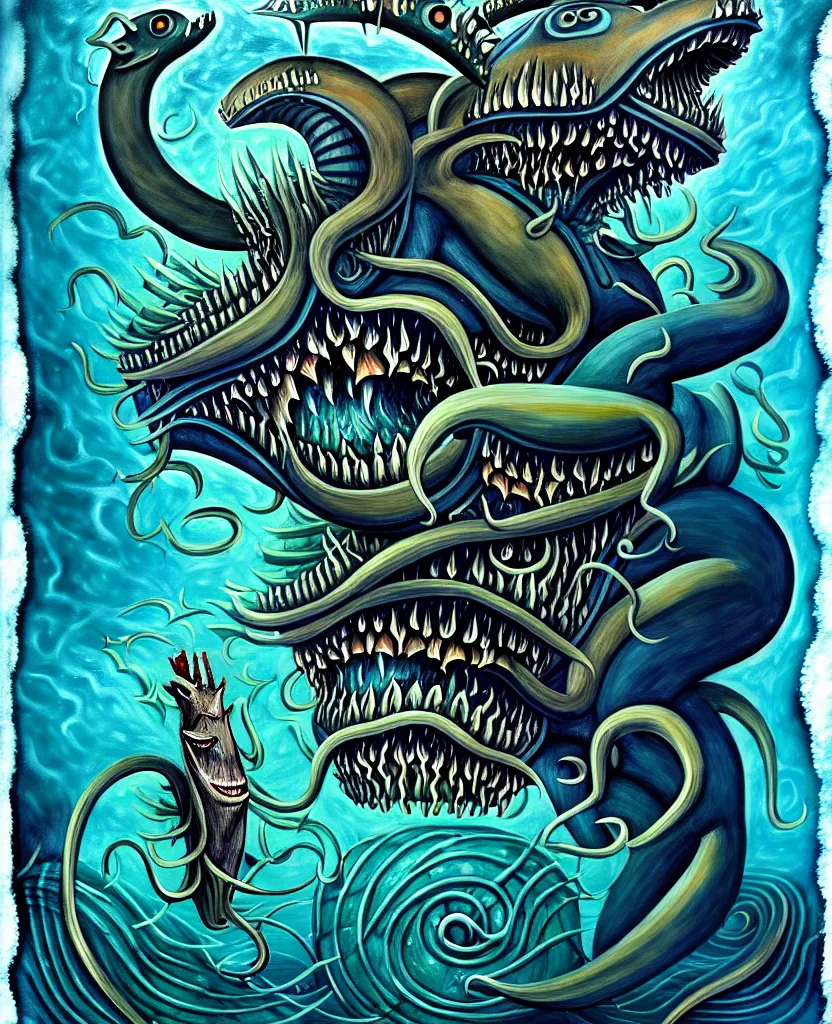 Image similar to mysterious bestiary of wild emotion monsters repressed in the deep sea of unconscious of the psyche, about to rip through and escape in a extraordinary revolution, painted by ronny khalil