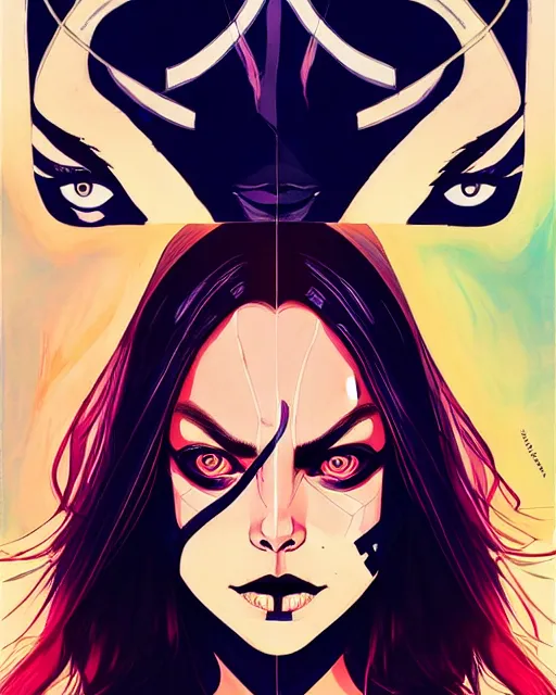 Prompt: in the style of Joshua Middleton comic art and Ilya Kuvshinov, Samara Weaving, symmetrical face symmetrical eyes, full body, in an alleyway during The Purge, people fighting, night time dark with neon colors, fires