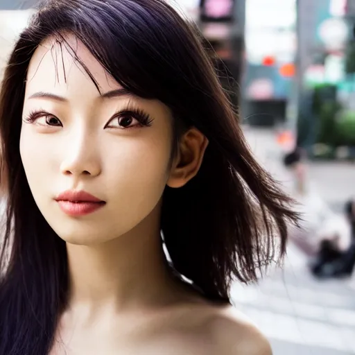 Image similar to beautiful asian female model on streets of tokyo, detailed face, futuristic fashion, portrait photography, sigma 5 0 mm lens