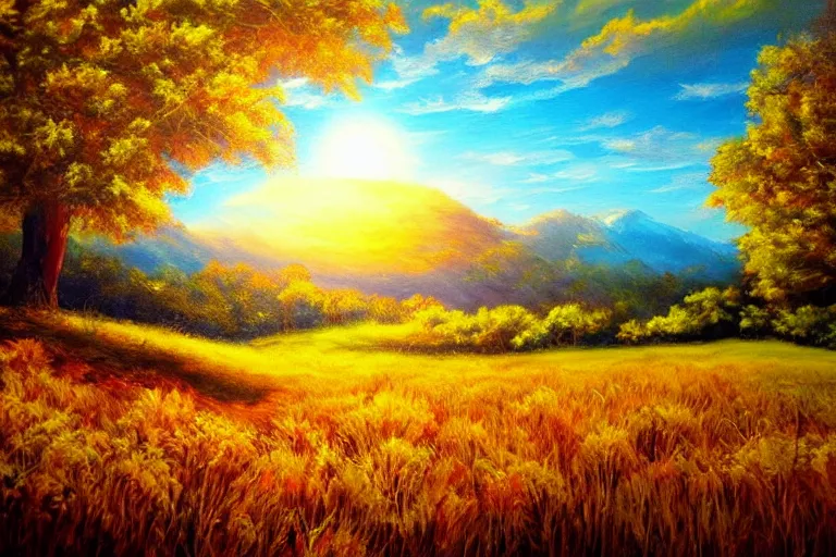 Image similar to landscape, fantasy, painting, ultra realistic!!!, clear weather, golden hour, sharp focus