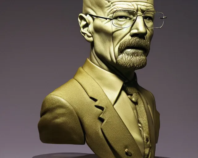 Prompt: A luminous bronze bust of Walter White