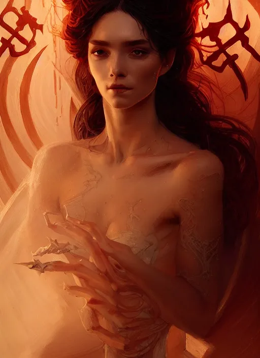 Image similar to portrait of a beautiful daemon in a flowing dress, carving runes into a profane altar, intricate, elegant, highly detailed, digital painting, artstation, concept art, smooth, sharp focus, illustration, art by wlop, mars ravelo and greg rutkowski