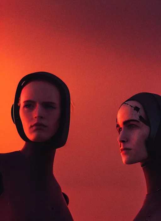 Image similar to cinestill 5 0 d photographic portrait of two scandalous loving female androids wearing rugged black techwear body suits on a desolate plain with a red sky, extreme closeup, cyberpunk style, garters, dust storm, 8 k, hd, high resolution, 3 5 mm, f / 3 2, ultra realistic faces, ex machina