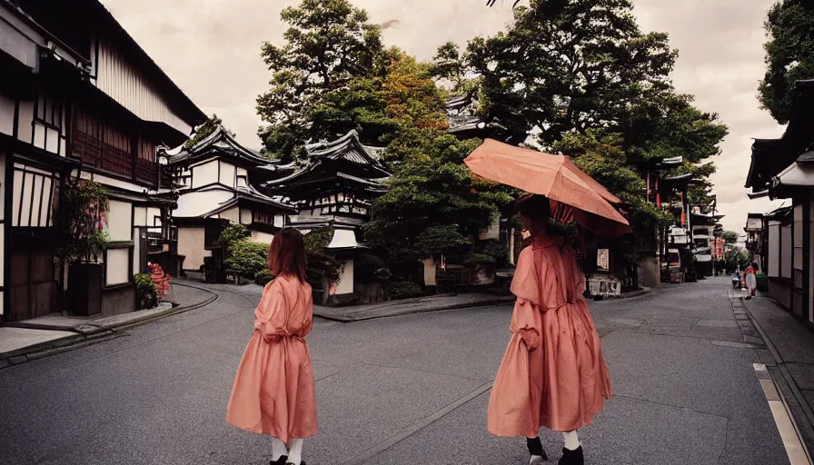 Image similar to 1 9 9 0 s candid 3 5 mm photo of a beautiful day in the a dreamy street in takayama japan mixed with details from tokyo and paris, cinematic lighting, cinematic look, golden hour, the clouds are epic and colorful with cinematic rays of light, a girl walks down the center of the street in a gucci dress, photographed by petra collins, uhd