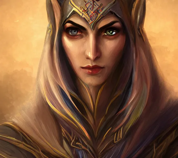 Image similar to Portrait of a powerful Elven Mage from a computer role-playing game in the style of Icewind Dale; masterpiece; trending on artstation; f/1.4; 90mm