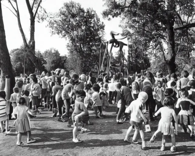 Prompt: an old photo of a crowded playground from the 1 9 5 0 s with slenderman in the background