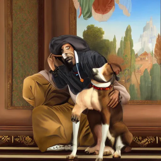 Image similar to A dog snooping the rapper Snoop Dogg, rococo painting, smooth, sharp focus,, pixiv, ultra highly detailed