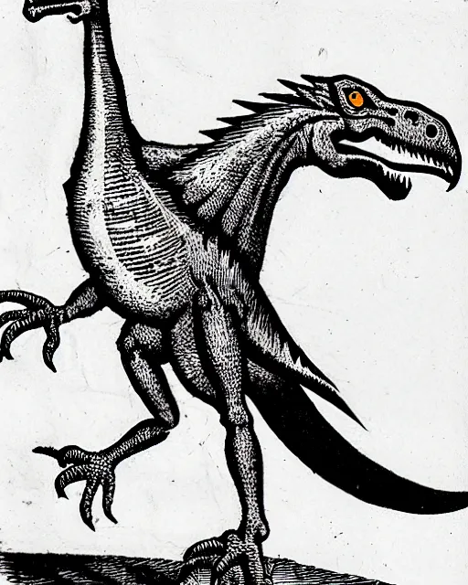 Image similar to b & w woodcut of a velociraptor from the nuremberg chronicle, 1 4 9 3, restored, hq scan