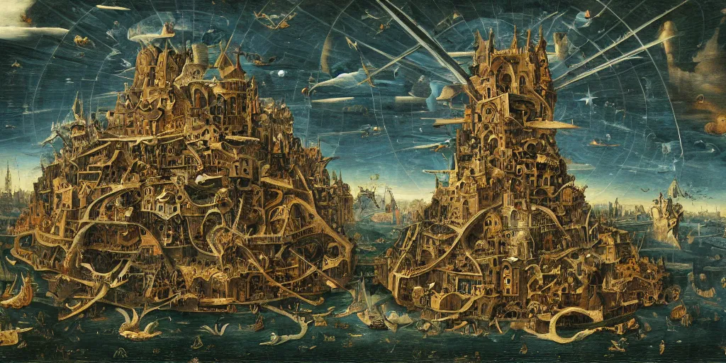 Prompt: beautiful ominous megastructure made by cats in the sky in the style of heironymus bosch, intricate masterpiece, hyper detailed, hd