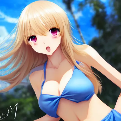 Prompt: a very beautiful young anime giantess fcrying, full body, long wavy blond hair, sky blue eyes, full round face,, bikini, miniskirt, front view, mid - shot, highly detailed, cinematic wallpaper by stanley artgerm lau