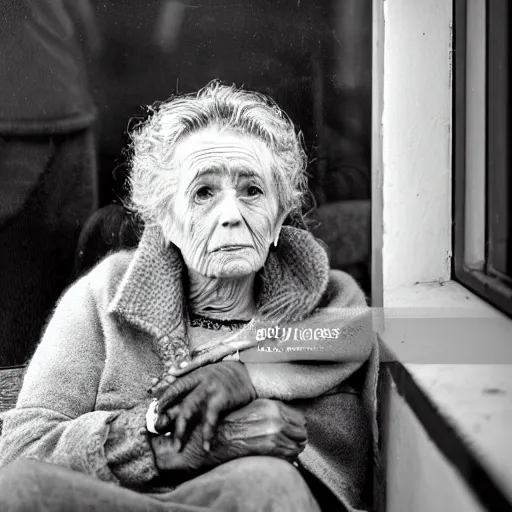 Image similar to black and white press photograph, highly detailed portrait of a depressed old lady drug dealer sitting by the window, detailed face looking into camera, eye contact, natural light, mist, fashion photography, film grain, soft vignette, sigma 85mm f/1.4 1/10 sec shutter, Darren Aronofsky film still promotional image, IMAX 70mm footage